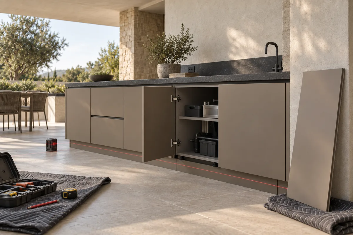 Módulos de cocina exterior en tono taupe durante la instalación, con una puerta abierta, nivel láser y herramientas sobre el pavimento